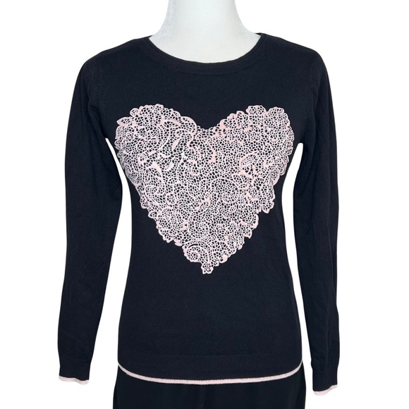 ELLE Sweater Fitted Flocked Lace Heart Black Pink Valentines Pullover Small S - Picture 1 of 11